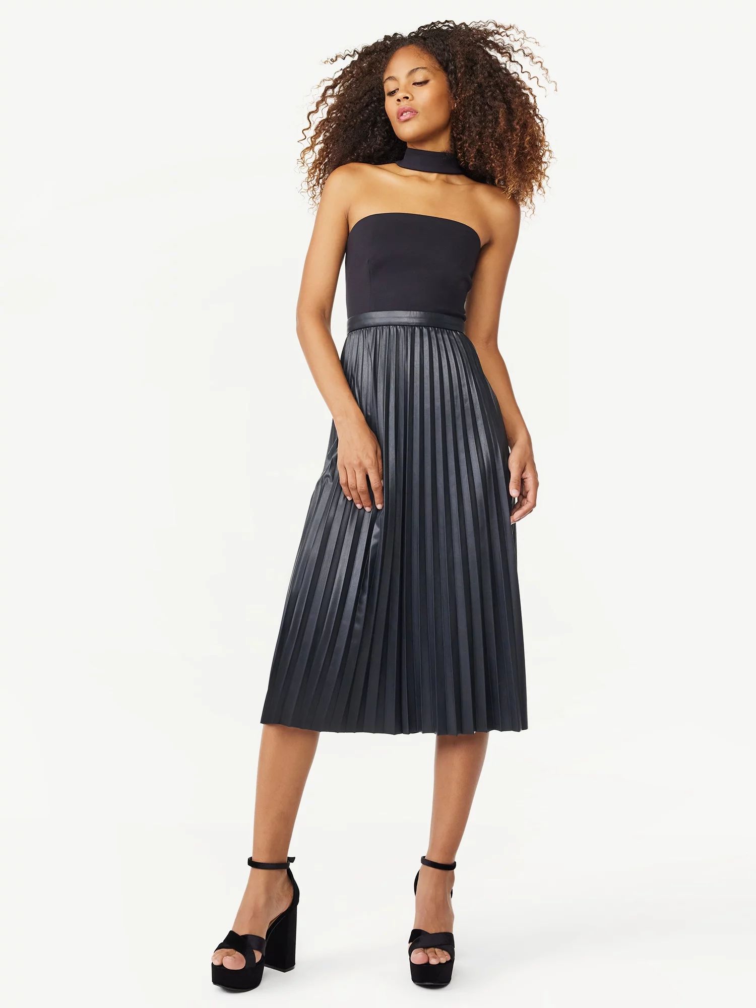 Scoop Women's Faux Leather Pleated Strapless Dress with Scarf Neck Tie, Sizes XS-XXL | Walmart (US)
