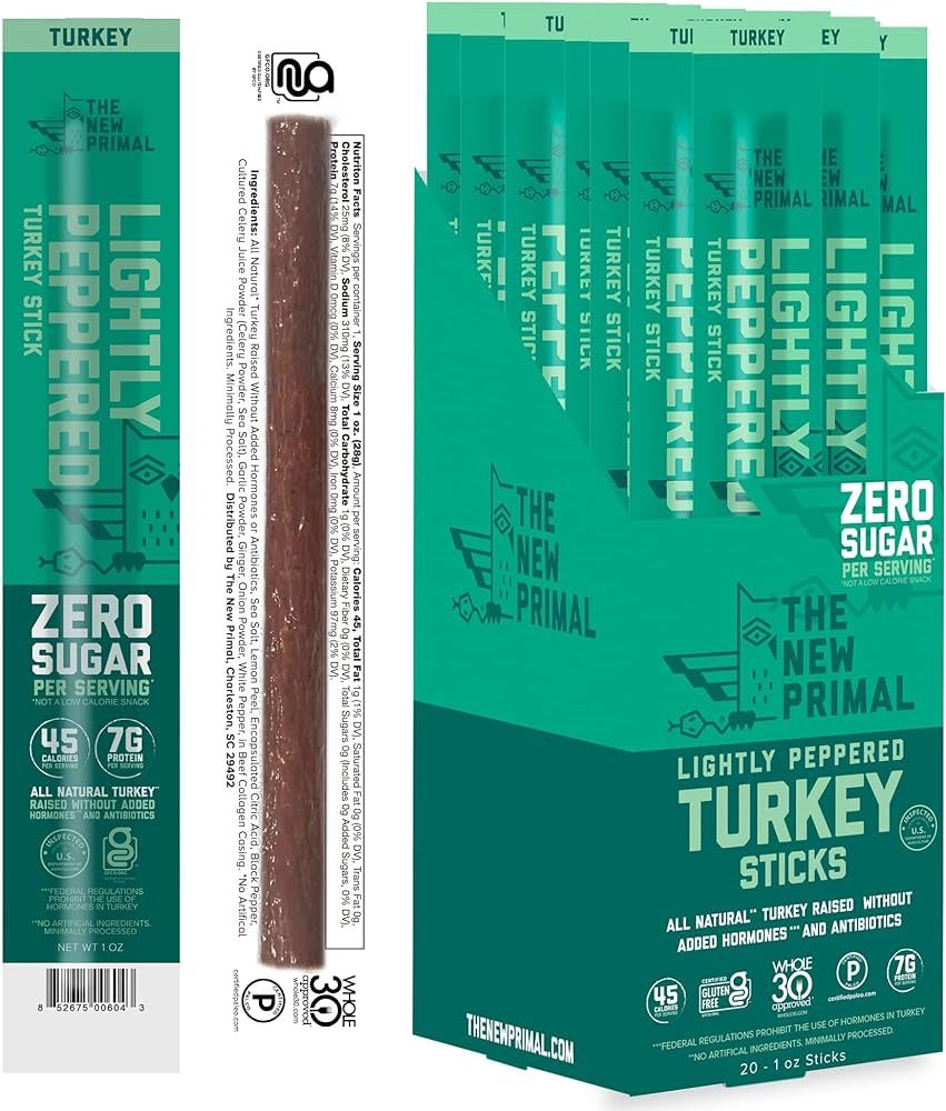 The New Primal 100% Free-Range Lightly Peppered Turkey Stick, Whole30 & Paleo Approved, Gluten, D... | Amazon (US)