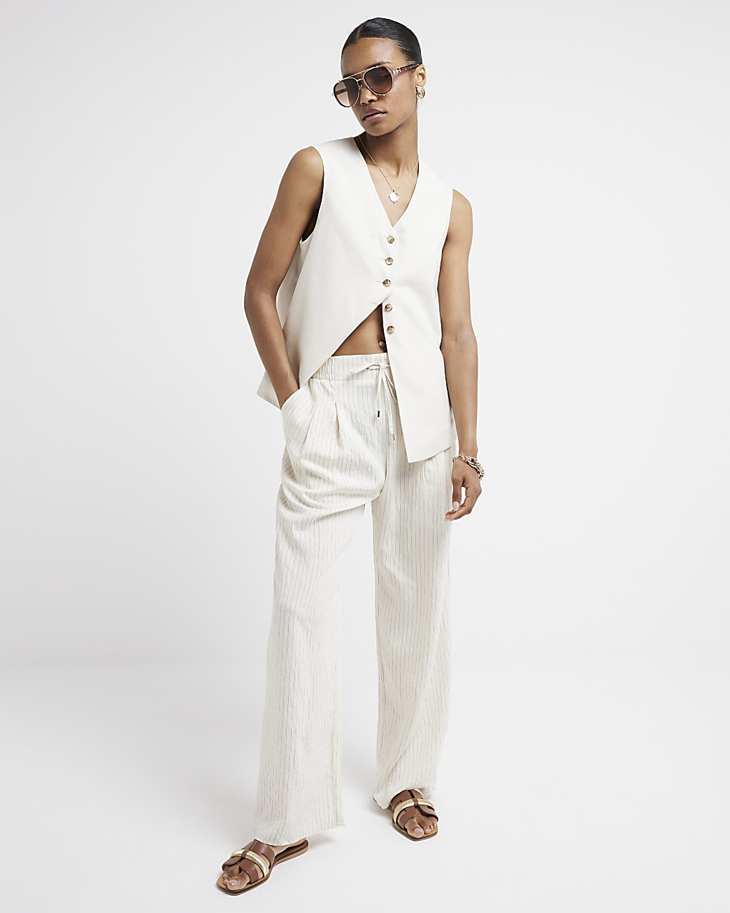 Cream wide leg stripe trousers | River Island (UK & IE)