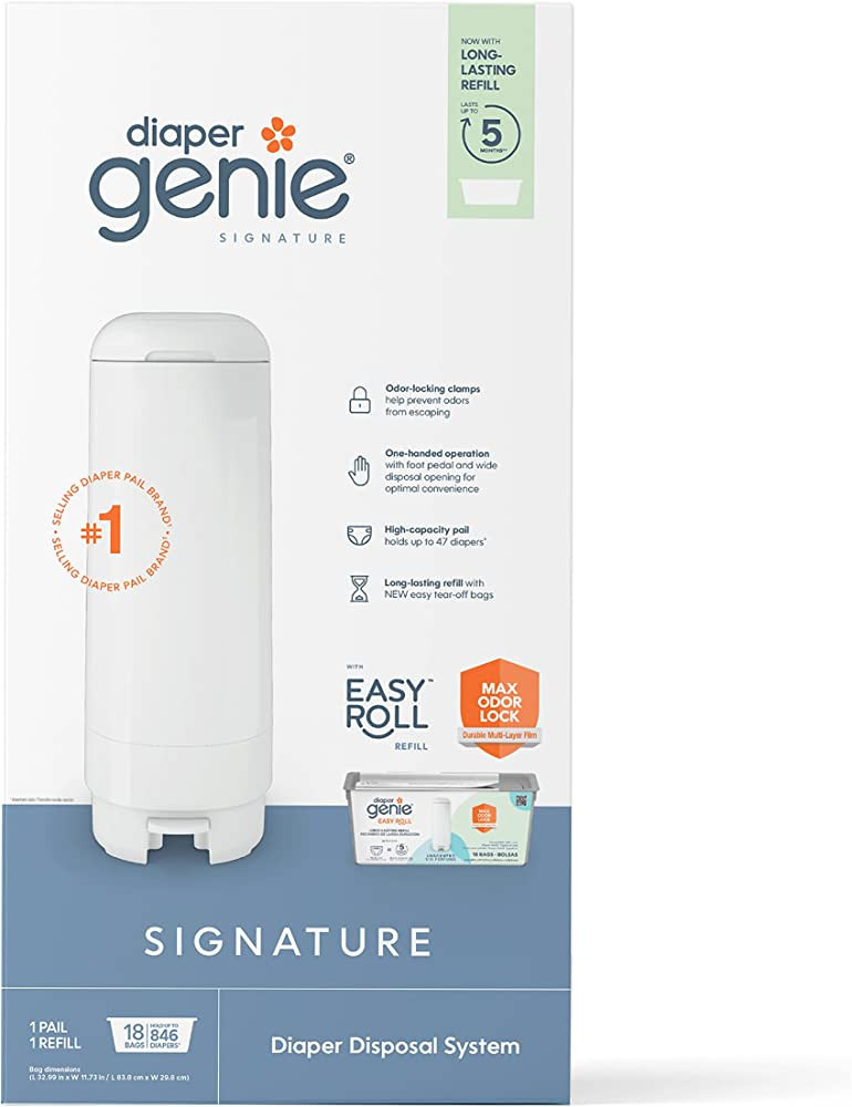 Diaper Genie Signature Pail Includes 1 Easy Roll Refill with 18 Bags | Holds Up to 846 Newborn-Si... | Amazon (US)