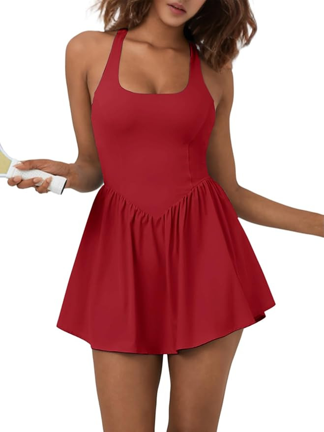 Sexyasasii Women's Summer Athletic Tennis Dress with Built in Shorts and Bra Square Neck Workout ... | Amazon (US)