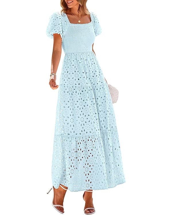 PRETTYGARDEN Summer Dresses for Women 2025 Eyelet Square Neck Puff Sleeve Smocked Wedding Guest M... | Amazon (US)