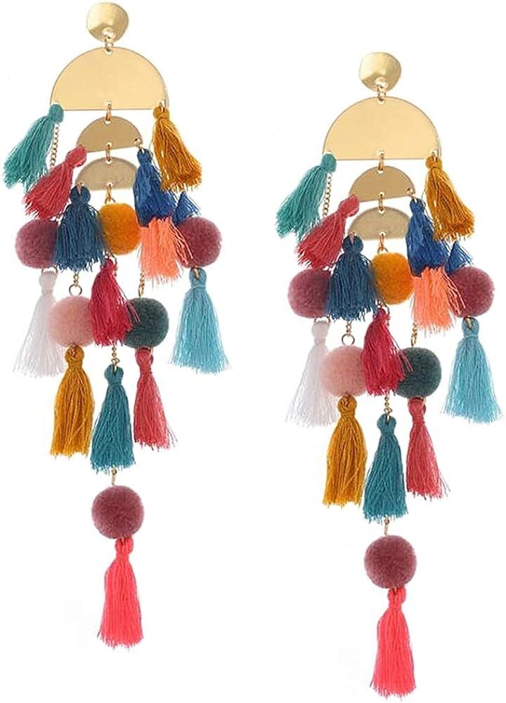 Tassel Earrings Beaded Statement Bohemian Handmade Fringe Drop Dangle Earrings for Women Girls | Amazon (US)