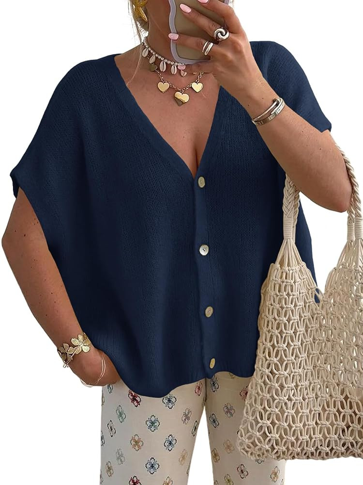 Saodimallsu Womens Summer Oversized Cardigans Batwing Short Sleeve Lightweight Button V Neck Casu... | Amazon (US)