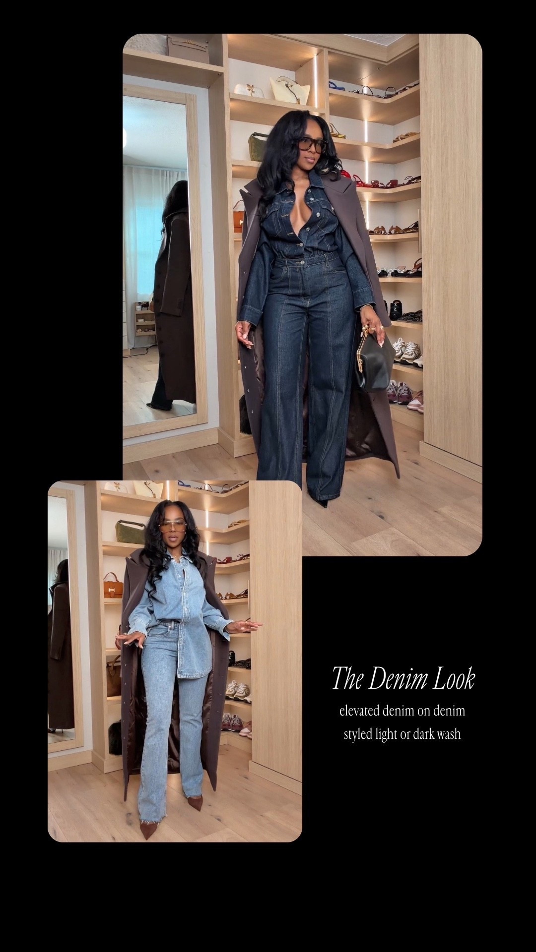 Elevated denim on denim 👖✨  
Proof that denim can look polished — styled light or dark for effortless everyday chic.

Perfect for brunch, errands, and casual date nights.

📏 Sizing: Denim Shirt (Small) • Jeans (27 Long) • Heels (TTS)  
Measurements: 5’4” · 138 lbs · 34D · 27” waist · 40” hips

Shop both denim looks linked  
Follow me on Instagram and YouTube @kirasfashionfinds
