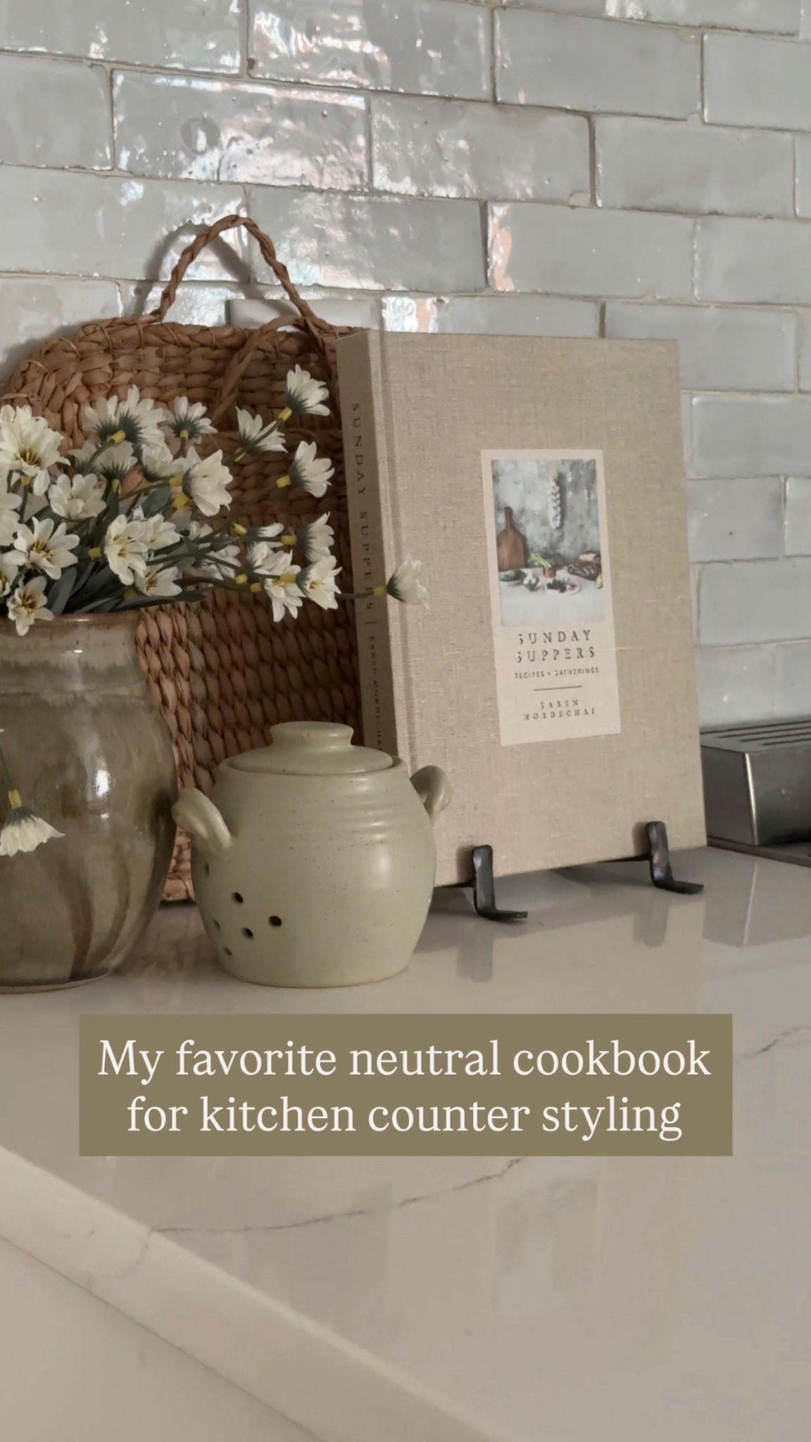 Kitchen counter styling | neutral cookbook | kitchen counter decor | cookbook stand | garlic keeper | amazon finds | Walmart finds | magnolia home | spring florals | daisies | Michaels | spring kitchen decor | at home stores | art easel

#LTKSeasonal #LTKSaleAlert #LTKHome