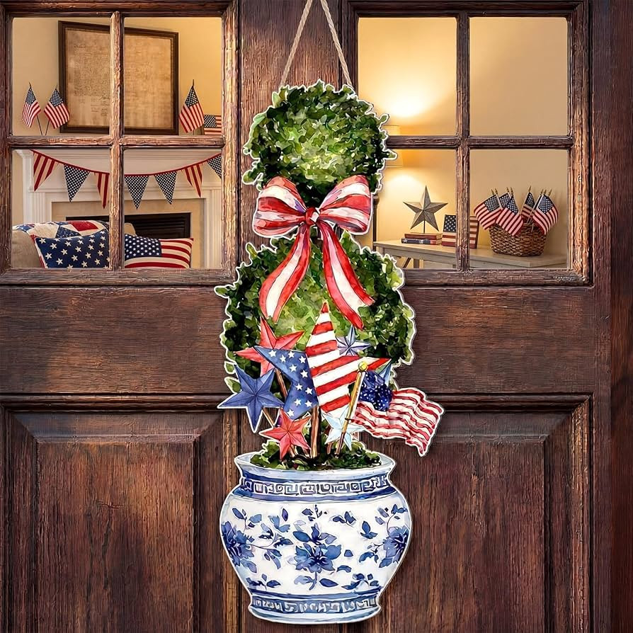 4th of July Large Size Chinoiserie Bonsai Door Hanger Patriotic Topiary Wooden Sign Front Door Ho... | Amazon (US)