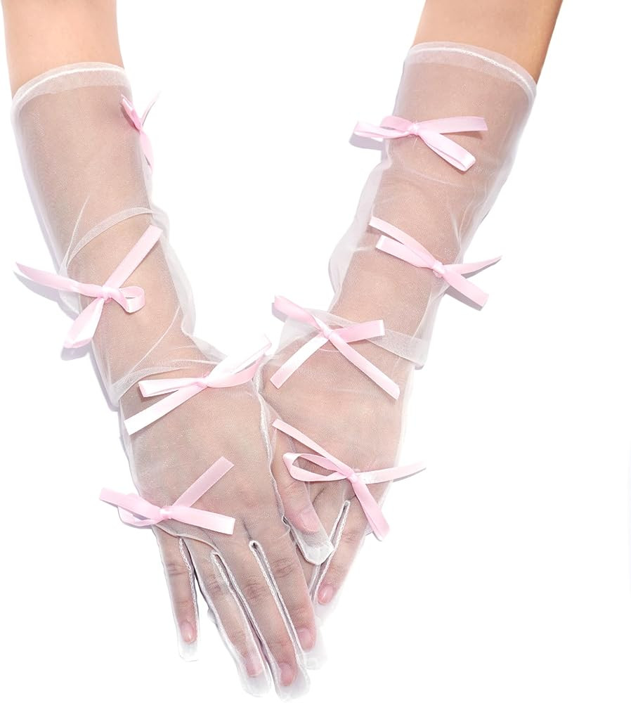 Pink Bow Gloves Sheer Wedding Gloves Satin Bowknot Princess Gloves White Tulle Costume Opera Glov... | Amazon (US)