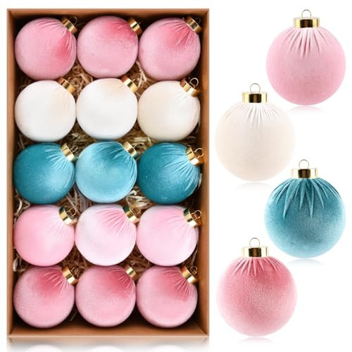 Velvet Christmas Ornaments Balls for Tree - 15pcs Pink & Teal Christmas Ornaments Shatterproof for Xmas Decorations - Multicolor Pink Teal Beige 80mm 3.15inch | Amazon (US)