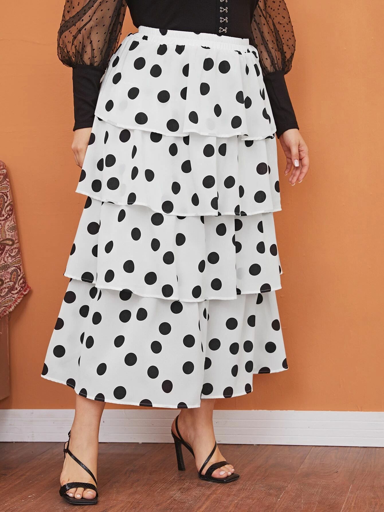 SHEIN Plus Polka Dot Layered Ruffle Skirt | SHEIN