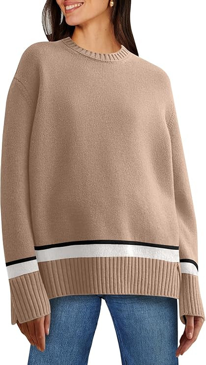 Caracilia Women's 2023 Fall Winter Striped Long Sleeve Crew Neck Ribbed Knit Side Slit Pullover S... | Amazon (US)