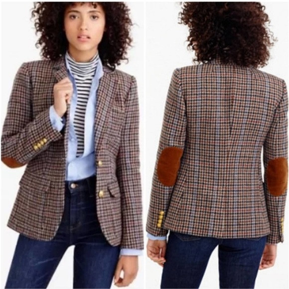 J. CREW | Rhodes Houndstooth Wool Tweed Blazer Jacket Brown Elbow Patches Size 2 | Poshmark