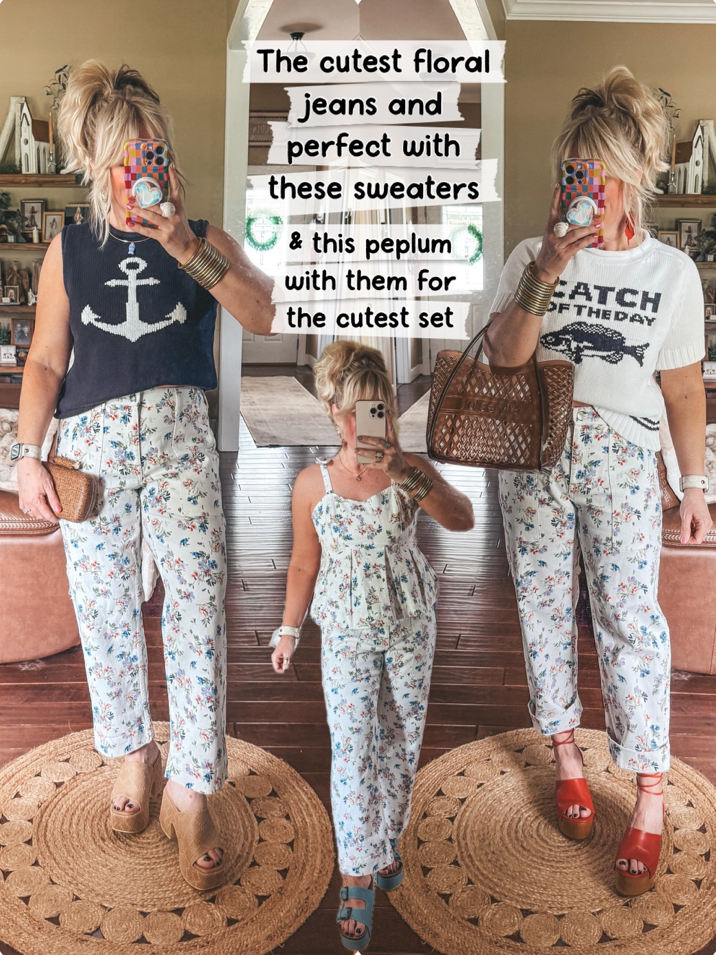 These floral pants styled cute with these sweaters too! I’m wearing a medium in everything. 
♥️Red sandals are true to size.

#LTKootd #LTKOver40