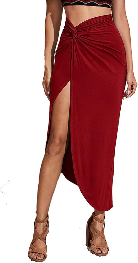 Verdusa Women's Twist Front Ruched Split Side High Waist Long Skirt Burgundy L | Amazon (US)