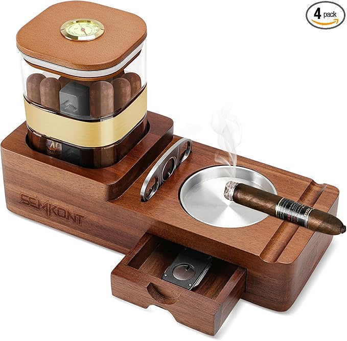 Cigar Humidor and Ashtray Set,Wooden Tray with Acrylic Humidor Jar,Cutter Holder,Drawer,Slot and ... | Amazon (US)
