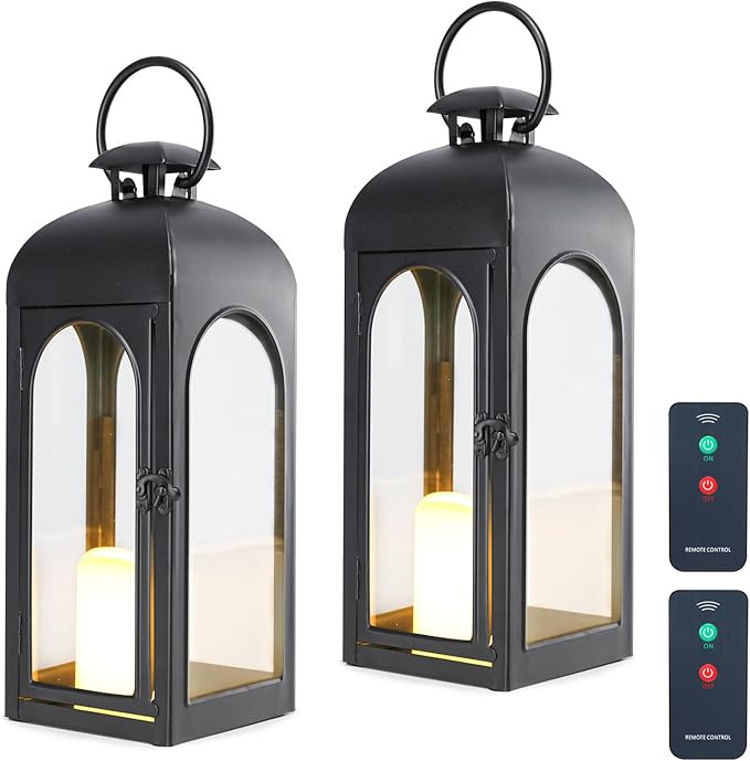 Bdor 2 Pack 16 Inches Metal and Tempered Glass Decorative Lantern with Electronic Wax Effect - In... | Amazon (US)