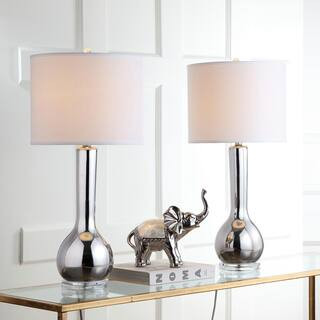 Mae 30.5 in. Silver Long Neck Ceramic Table Lamp with Off-White Shade (Set of 2) | The Home Depot