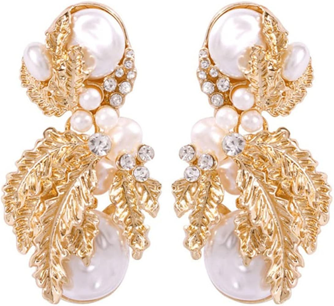 Wiwpar Pearl Drop Statement Earrings Gold Fashion Pearl Geometric Dangle Earrings Rhinestone Pear... | Amazon (US)