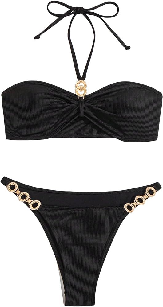 BEAUDRM Women's 2 Piece Rhinestone Decor Halter Tie Bikini Set High Cut Triangle Push Up Swimsuit... | Amazon (US)