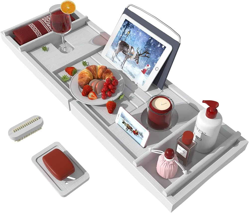 Bathtub Caddy Tray for Luxury Bath - Bamboo Waterproof Expandable Bath Table Over Tub with Wine a... | Amazon (US)