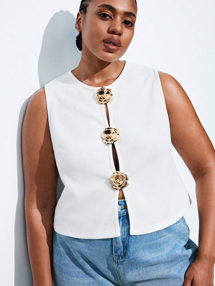 Maija Plus Size Women White Sleeveless Top, Rose Metal Button Decor Design St Patrick's Day Women Easter Summer Easter Women Party Top Beach Summer Holiday Beach Vacation Going Out Graduation | SHEIN