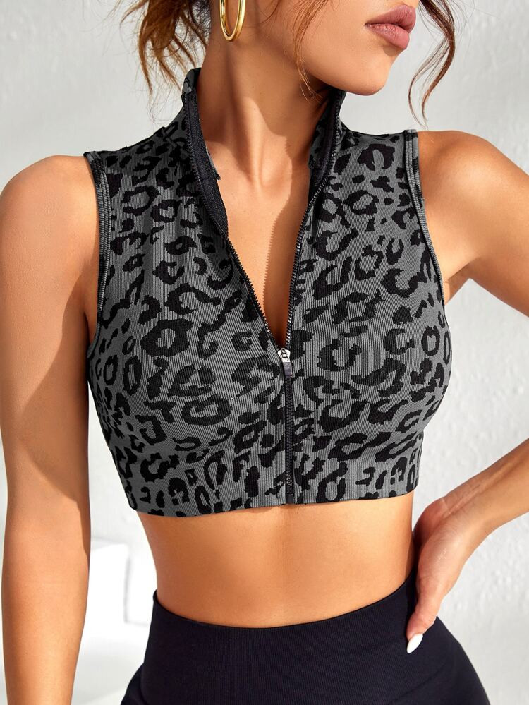 Top tank deportivo con estampado de leopardo con cremallera crop | SHEIN