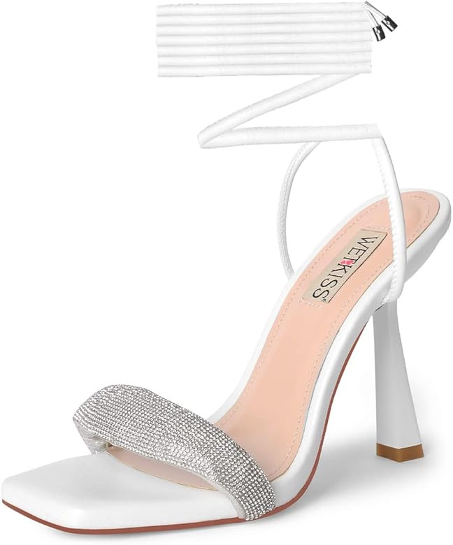 WETKISS Lace Up Heels for Women with Rhinestone Design | Amazon (US)