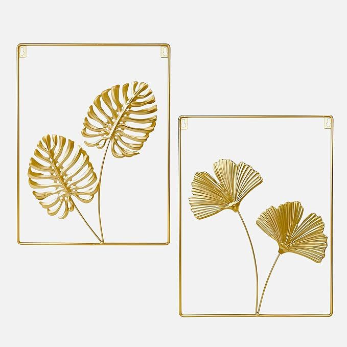 Gold Wall Decor 2-Set 16"x12" Golden Metal Art Leaves Home Decorations,Living Room Hangings Wall ... | Amazon (US)