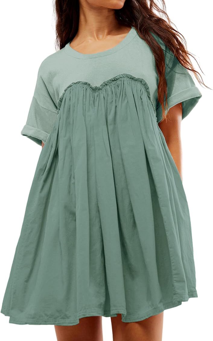 Dqbeng Babydoll Dress for Women Summer Pleated Mini Dress Crew Neck Short Sleeve Tunic Dress with... | Amazon (US)