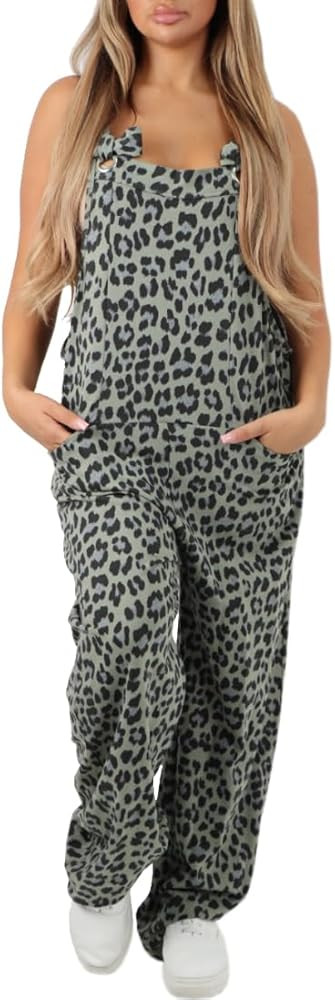 FASHIONISM Womens Sleeveless Leopard Print Cotton Dungarees Ladies Square Neck Tie Strap Jumpsuit | Amazon (US)