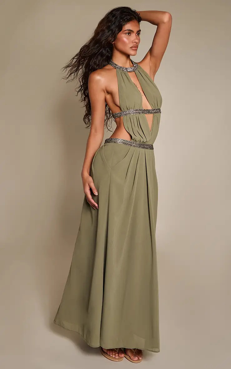 Khaki Chiffon Halter Neck Embellished Cut Out Maxi Dress | PrettyLittleThing UK
