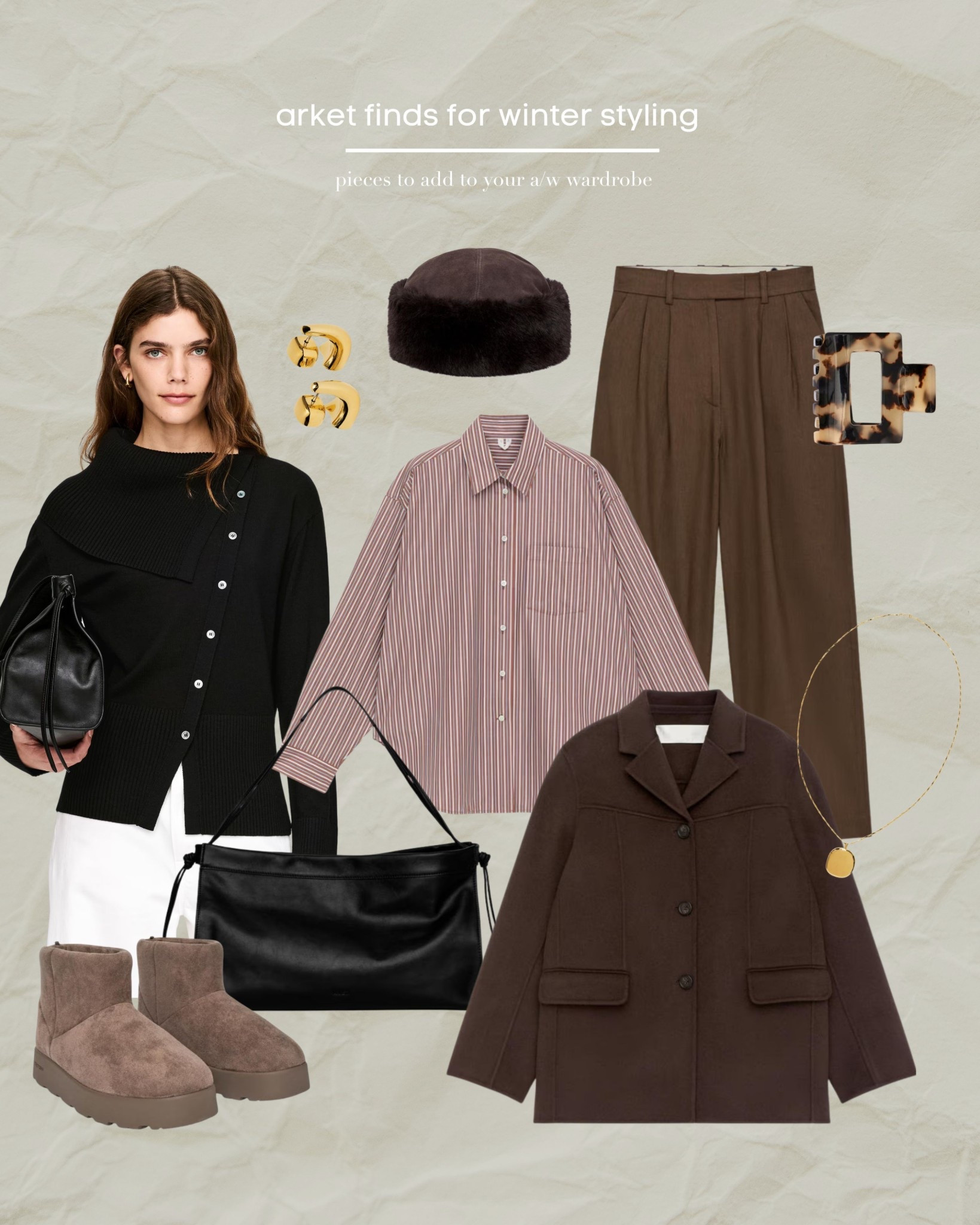 Arket, Winter, Cardigan, Oversized Shirt, Brown Tailored Trousers, Blazer, Brown Blazer, Fur Boots, Ugg Boots, Leather Bag, Suede Hat 

#LTKuk #LTKwinter #LTKeurope