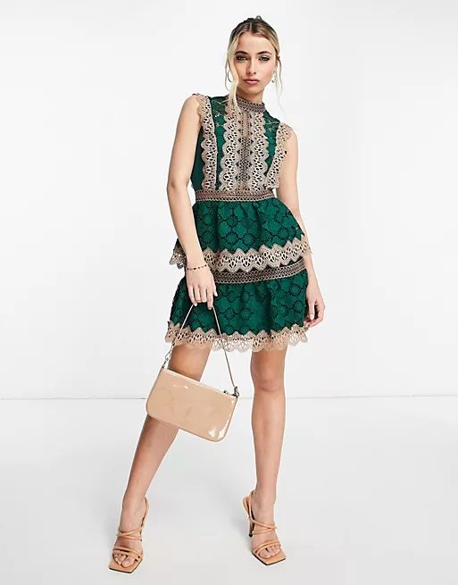 ASOS DESIGN tiered lace mini dress writh contrast lace trim detail in green | ASOS (Global)