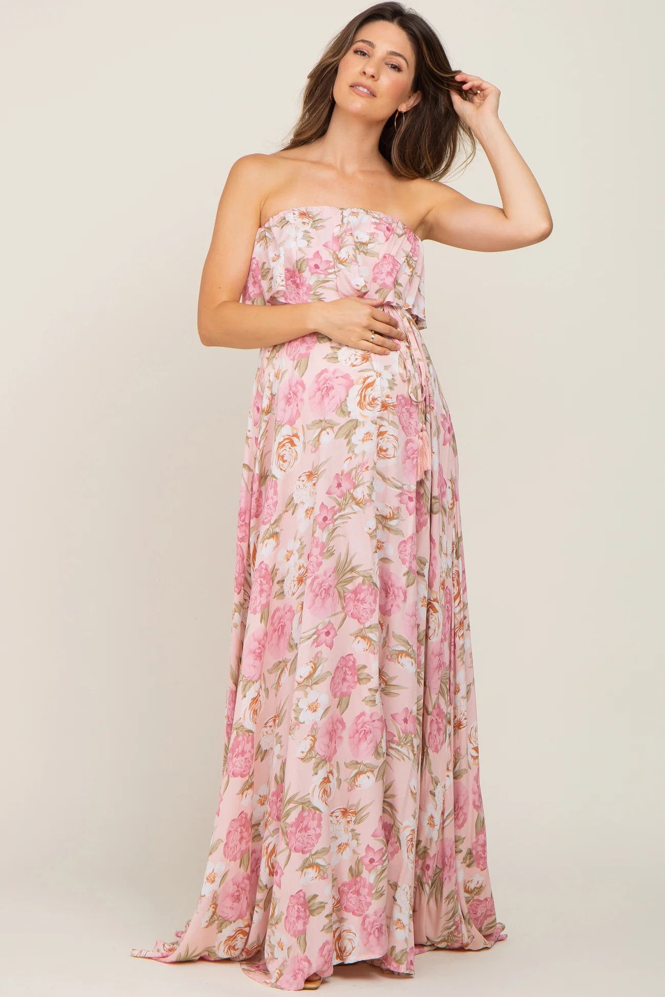 Light Pink Floral Strapless Ruffle Front Maternity Maxi Dress | PinkBlush Maternity