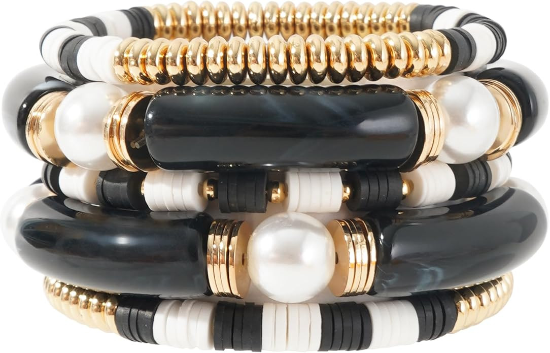 GOOJIDS Simple Beaded Bangles Bracelet Chunky Bamboo Tube Curved Stacking Clear Acrylic Colorful ... | Amazon (US)