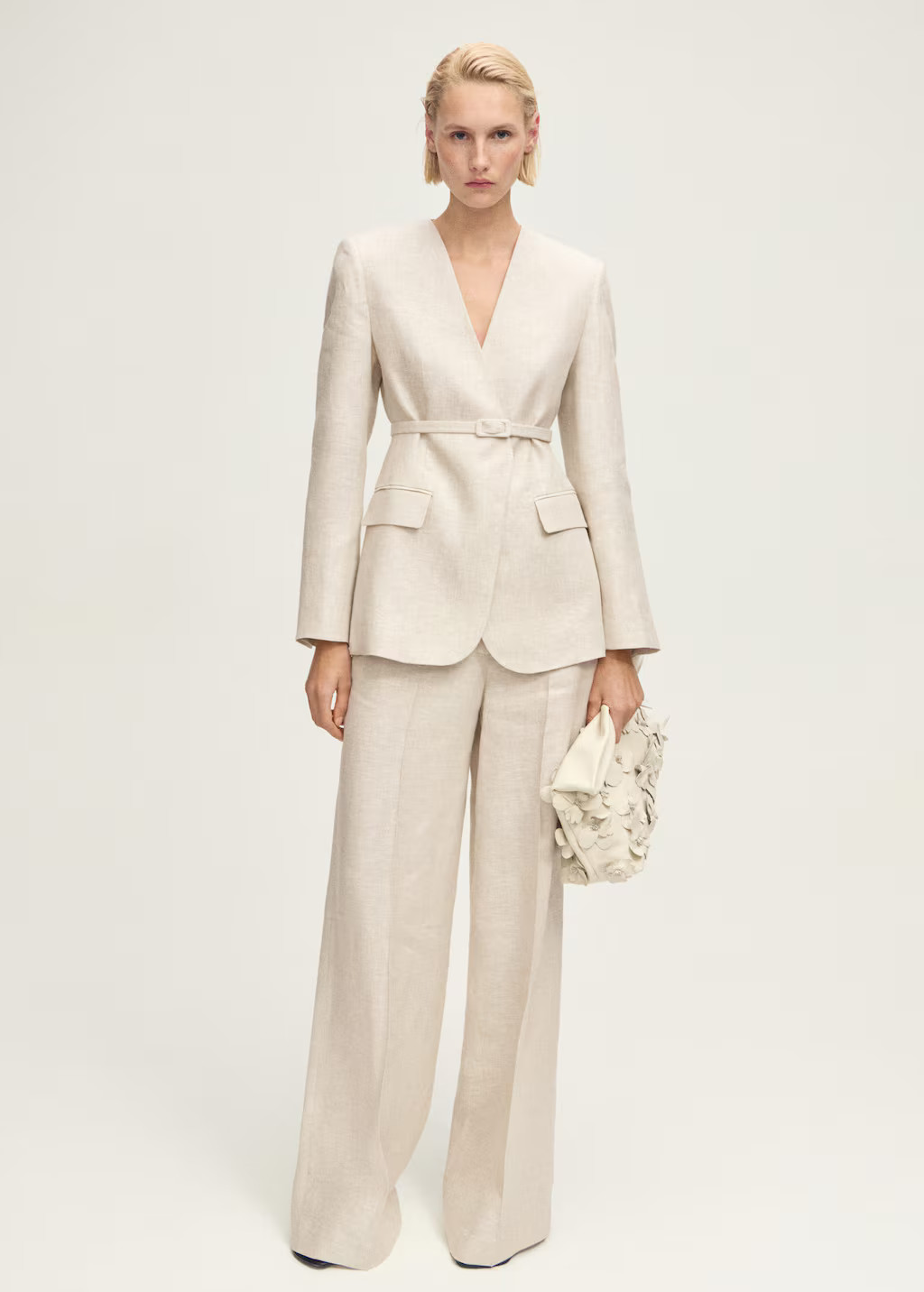 Linen suit blazer with belt light/pastel grey - Women - XS - MANGO | Mango (US/MX/AU)