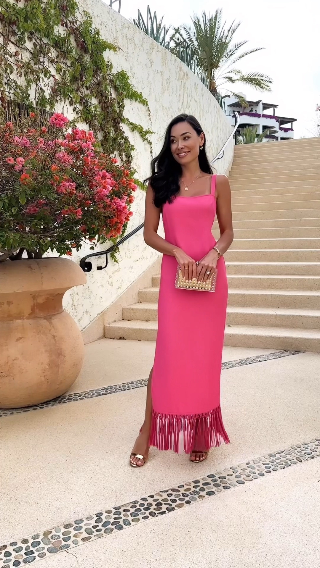 Kat Jamieson wears a pink dress in Mexico, Cabo outfit, date night outfit, cocktail party, wedding guest dress, clutch, gold heels. 

#LTKParties #LTKSeasonal #LTKWedding