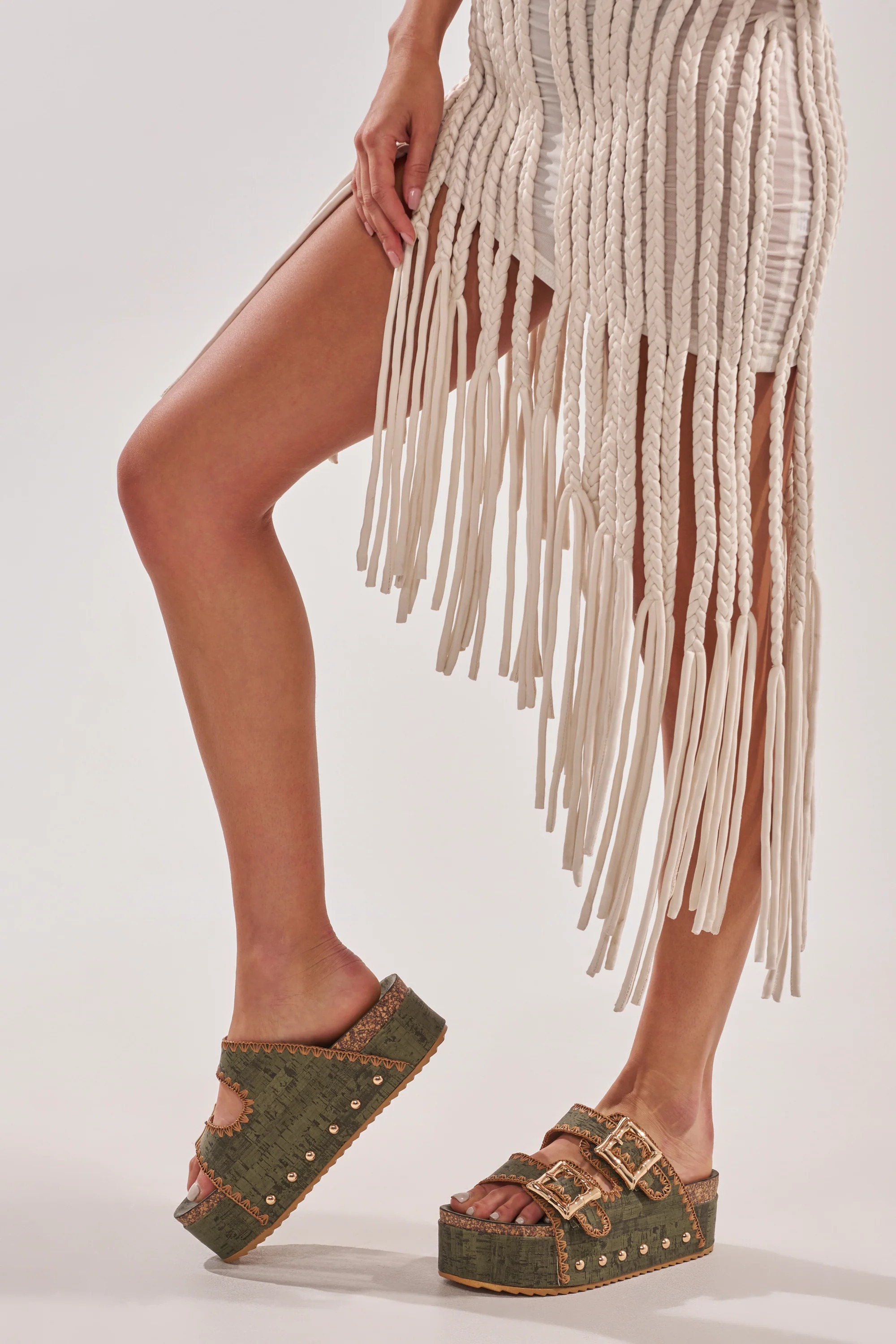 AZALEA WANG OHKAY GREEN FLATFORM STUD EMBELLISHED SLIP ON SANDAL | AKIRA