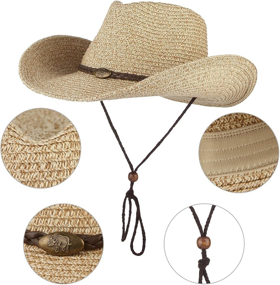 Western Cowboy Hat with String for Women Men Foldable Summer Sun Protection Straw Beach Hats with Wi | Amazon (US)