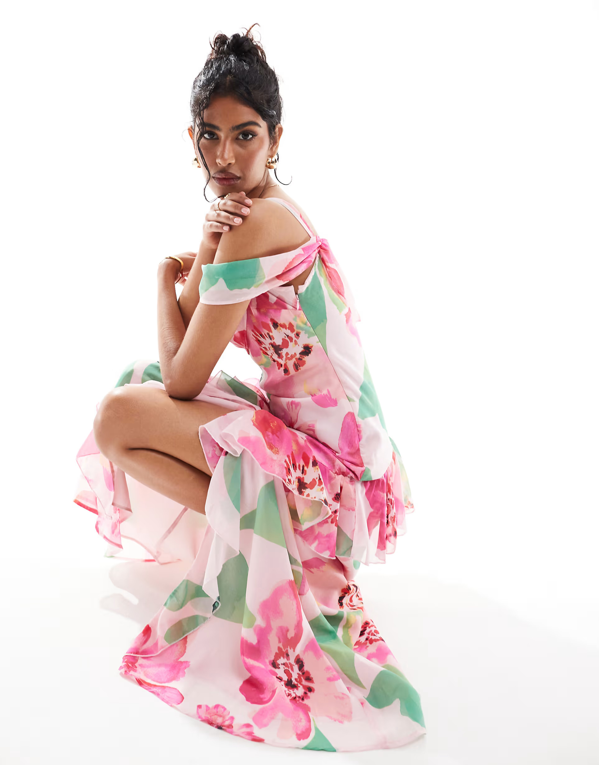 ASOS DESIGN flutter sleeve midi dress with front frill slit in print | ASOS (Global)