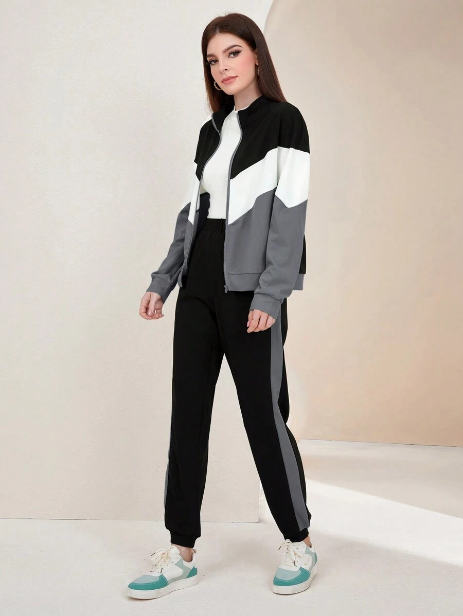 Mulvari Ladies' Color Block Jacket And Pants Suit 2 Pieces Set | SHEIN