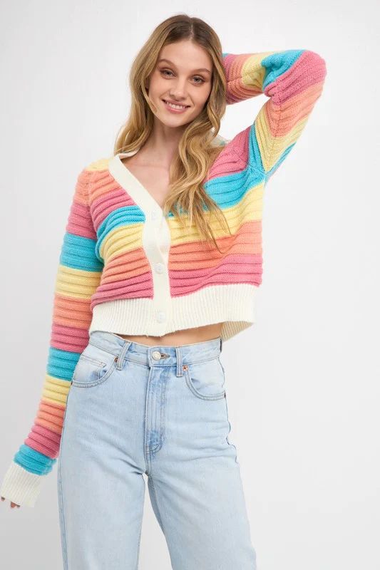 GINNY RAINBOW STRIPED KNIT CARDIGAN IN MULTI | Indigeaux Denim Bar & Boutique