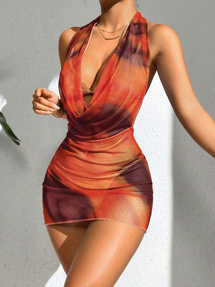 Swim Chiccia Women's Vacation Beach Plunging Neckline Backless Halter Cover Up For Summer | SHEIN