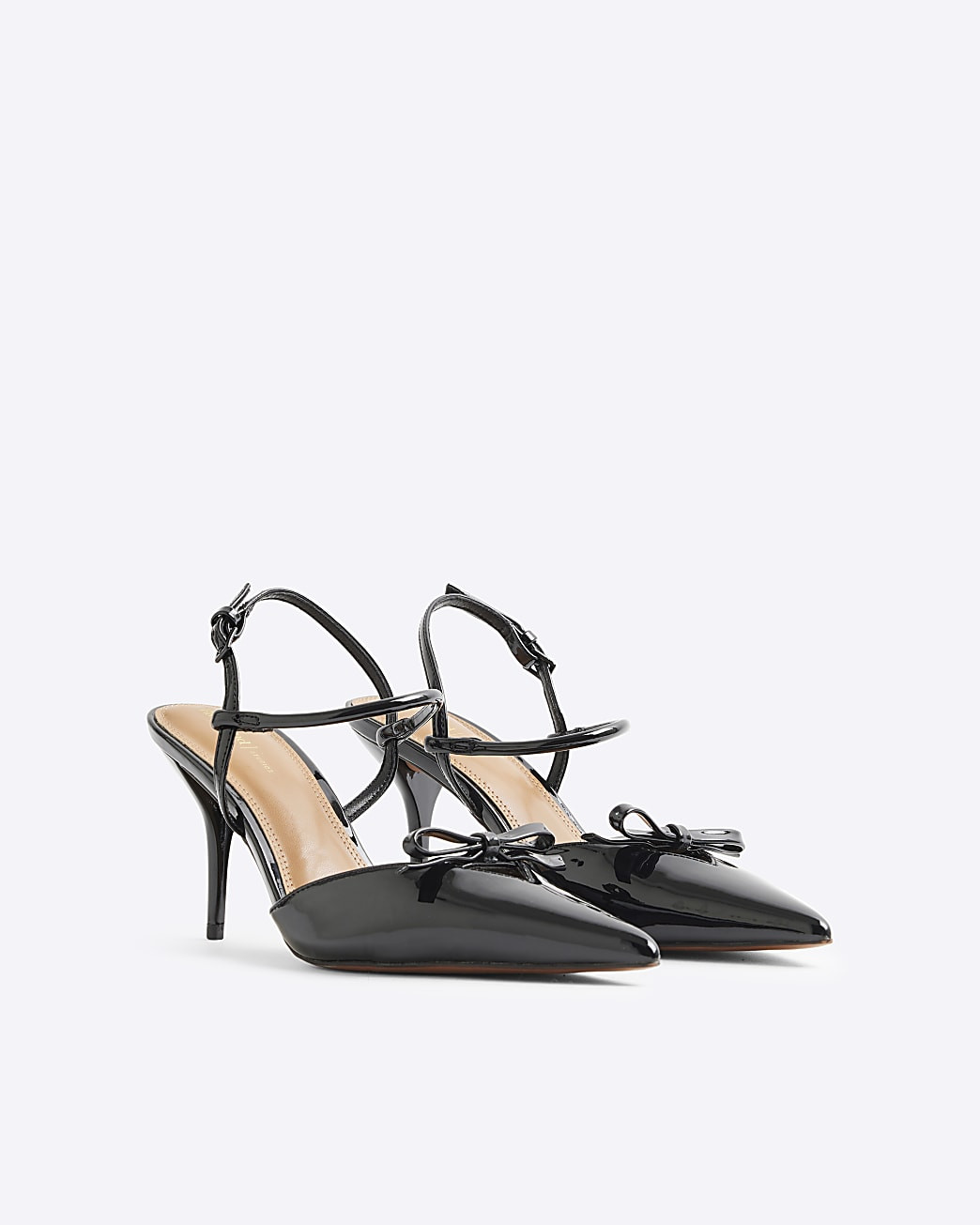 Black patent bow sling back heeled shoes | River Island UK & IE