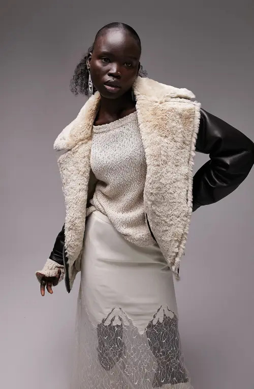 Topshop Faux Shearling & Faux Leather Aviator Jacket in Brown at Nordstrom, Size 8P Us | Nordstrom