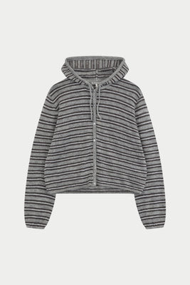 STRIPE LOOSE KNIT HOODED CARDIGAN - GREY | The Couture Club