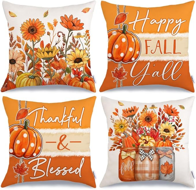 GEEORY Fall Throw Pillow Covers 18x18 Inch Set of 4, Pumpkins Floral Mason Jars Happy Fall Y'all ... | Amazon (US)