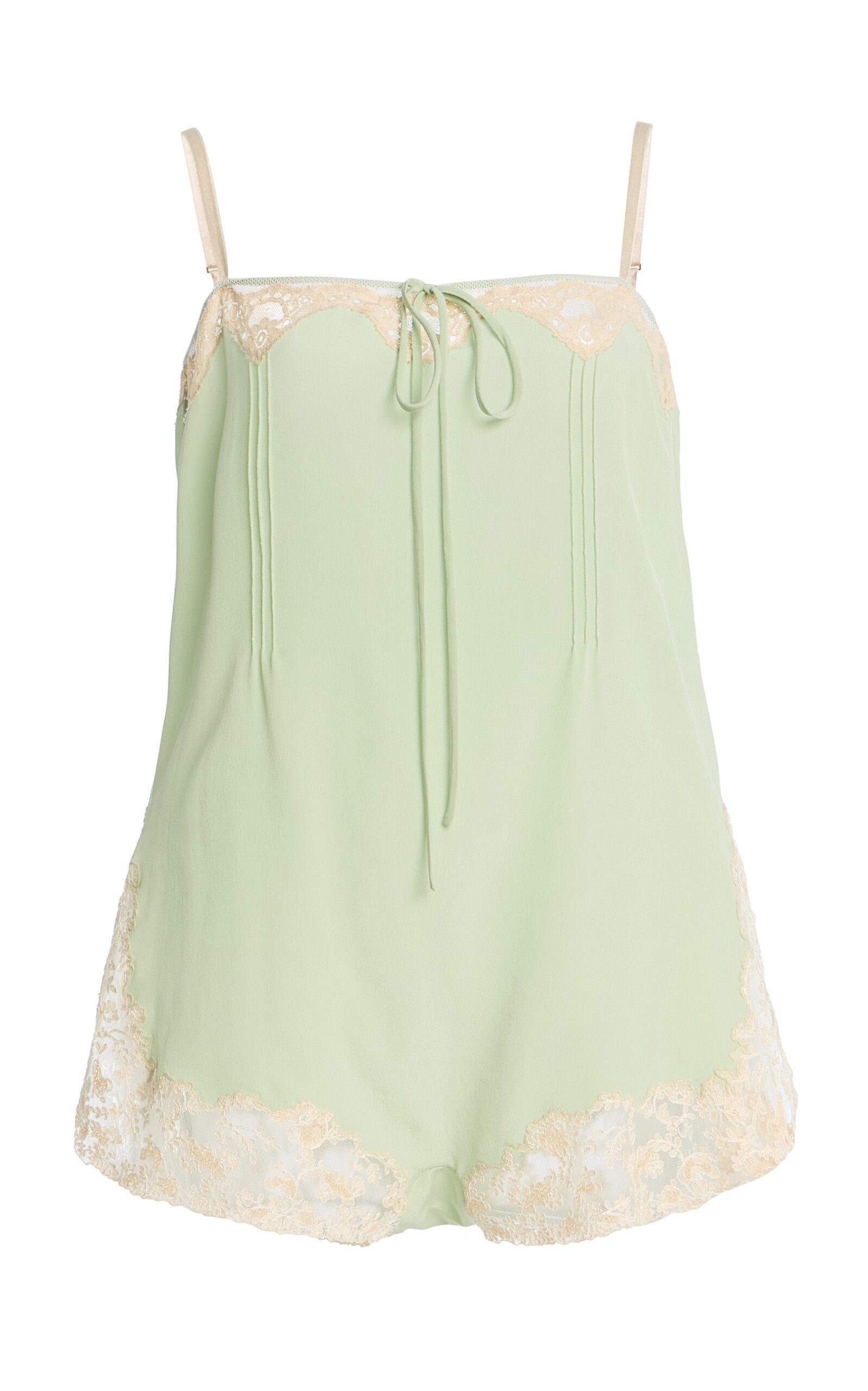 Saint Laurent - Lace-Trimmed Silk Crepe de Chine Romper - Green - FR 36 - Moda Operandi | Moda Operandi (Global)
