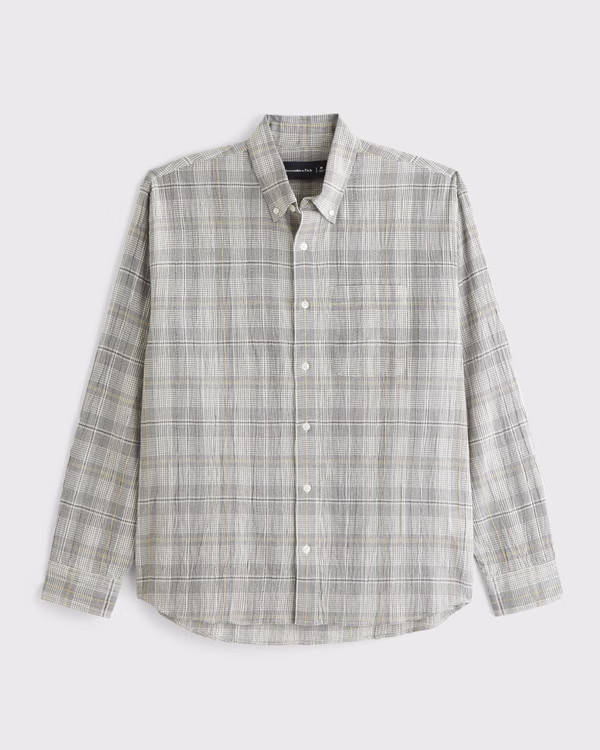 Long-Sleeve Textural Plaid Button-Up Shirt | Abercrombie & Fitch (US)