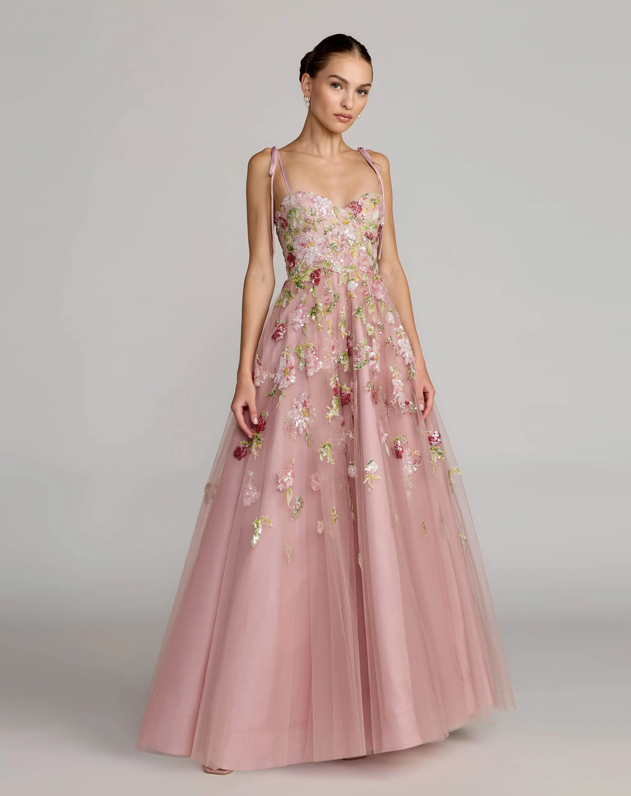Mac Duggal - Pink Floral Embellished Tulle Ball Gown - Mocha / US 0 | Mac Duggal